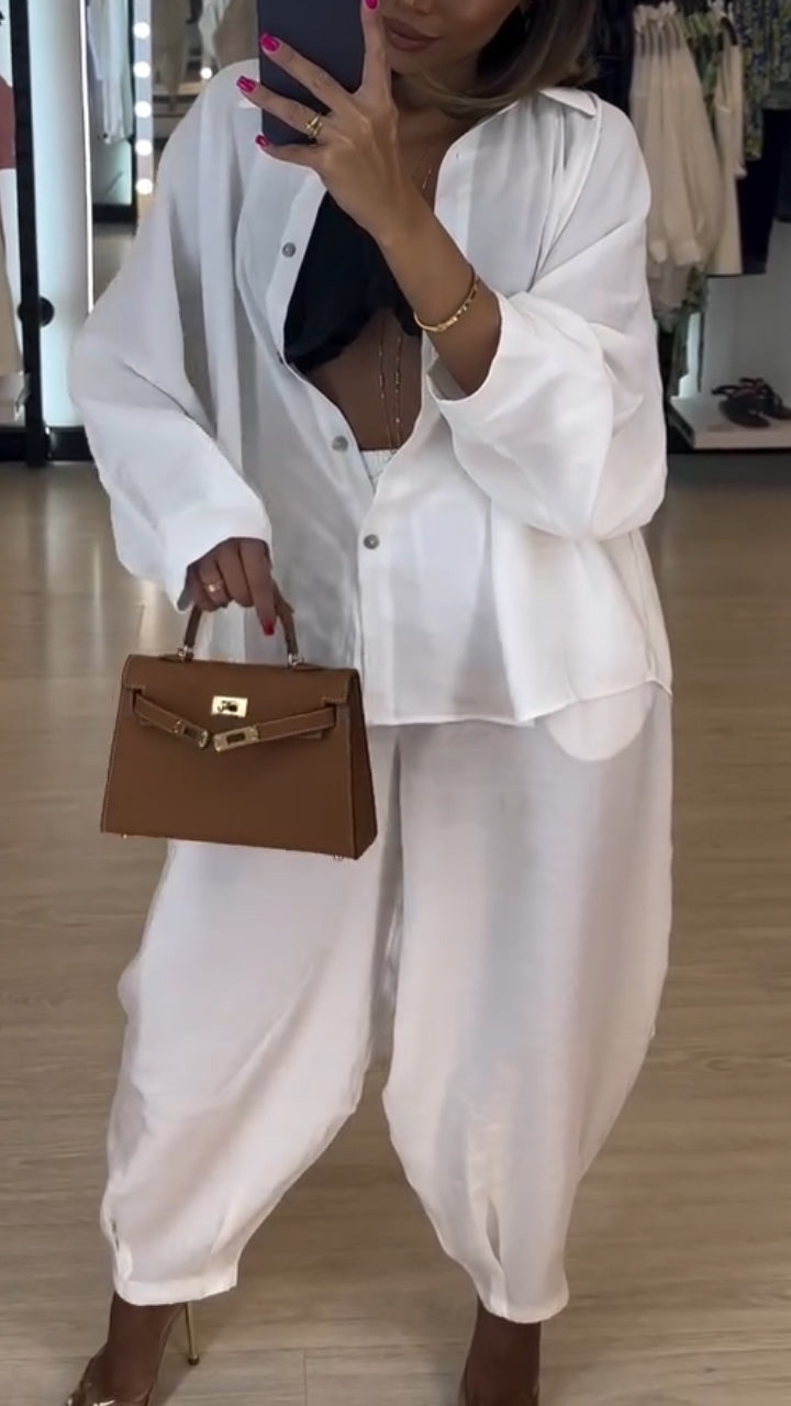 Ladies' Collar Shirt+ Pants Solid Color Casual Suit - Seldom Seen Styles