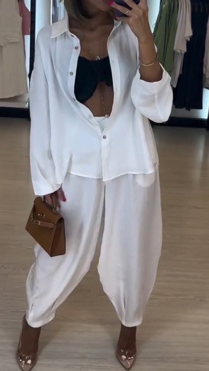 Ladies' Collar Shirt+ Pants Solid Color Casual Suit - Seldom Seen Styles