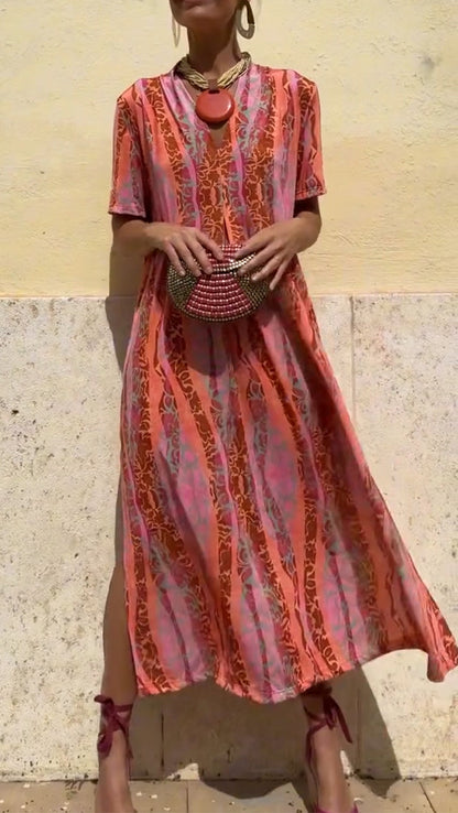 Ladies' V-neck Vertical Print Slit Casual Dress - Seldom Seen Styles