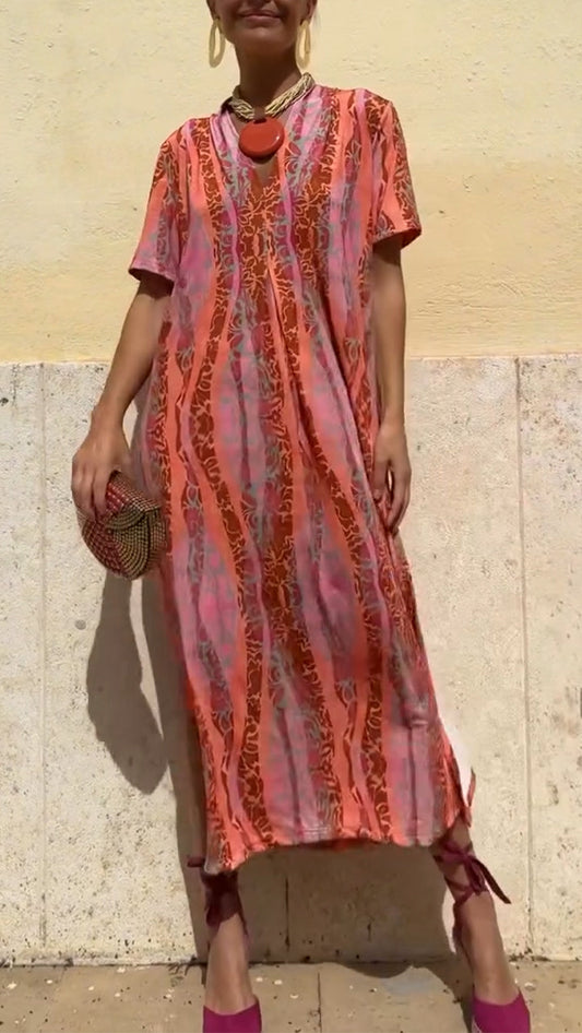 Ladies' V-neck Vertical Print Slit Casual Dress - Seldom Seen Styles