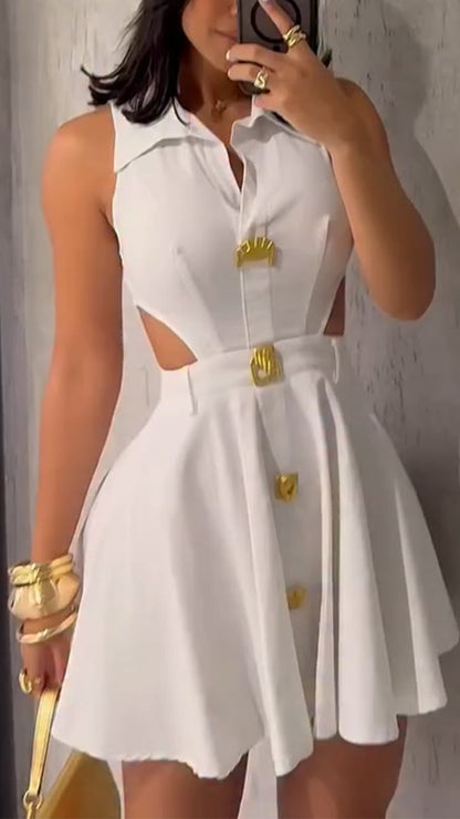 Ladies' Lapel Splicing Hollow Metal Button Temperament and Leisure Dress - Seldom Seen Styles