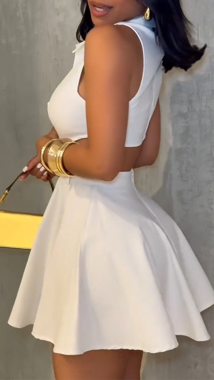 Ladies' Lapel Splicing Hollow Metal Button Temperament and Leisure Dress - Seldom Seen Styles