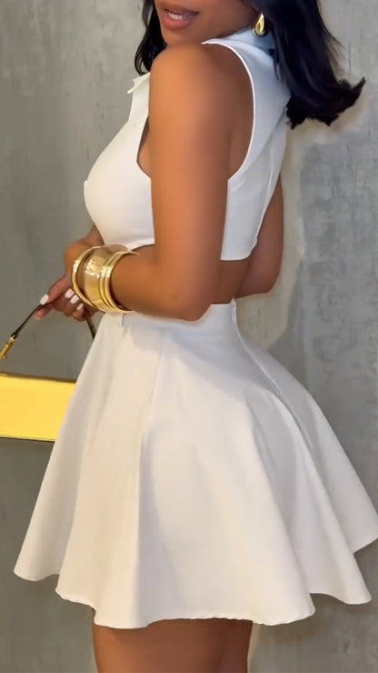 Ladies' Lapel Splicing Hollow Metal Button Temperament and Leisure Dress - Seldom Seen Styles