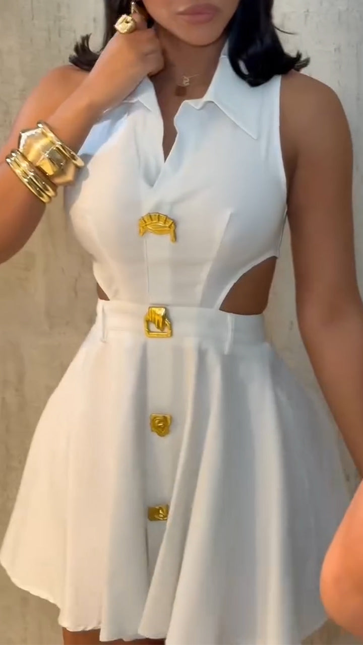 Ladies' Lapel Splicing Hollow Metal Button Temperament and Leisure Dress - Seldom Seen Styles