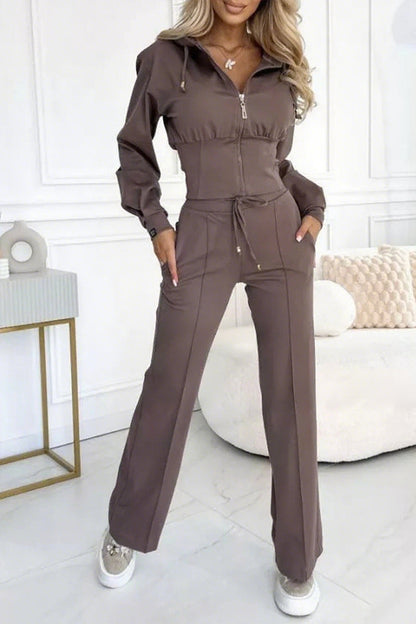 Ladies Round Neck Hooded Zipper Top+ Pants with Casual Temperament Suit - Seldom Seen Styles