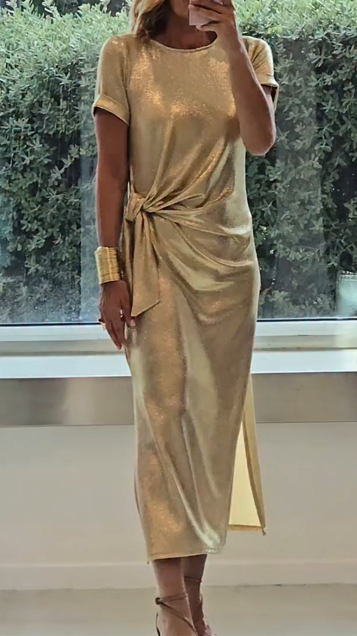 Ladies Round Neck Pleated Slit Temperament Casual Dress - Seldom Seen Styles