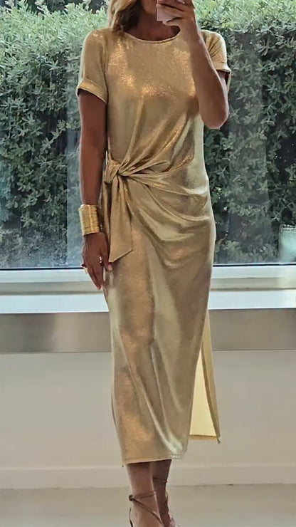 Ladies Round Neck Pleated Slit Temperament Casual Dress - Seldom Seen Styles