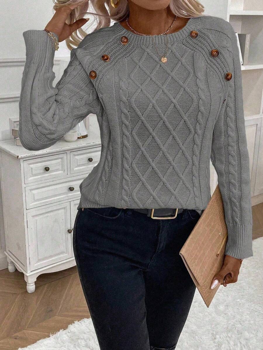 Clara – Button-Detail Cable Knit Sweater - Seldom Seen Styles