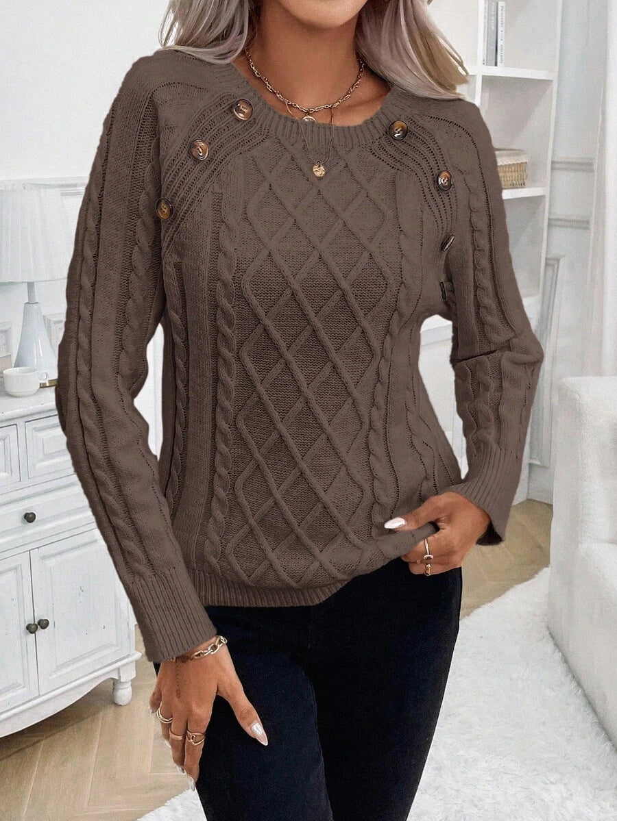 Clara – Button-Detail Cable Knit Sweater - Seldom Seen Styles
