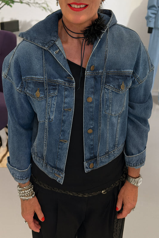 Women Round Neck Hooded Denim Splicing Casual Jacket - Seldom Seen Styles