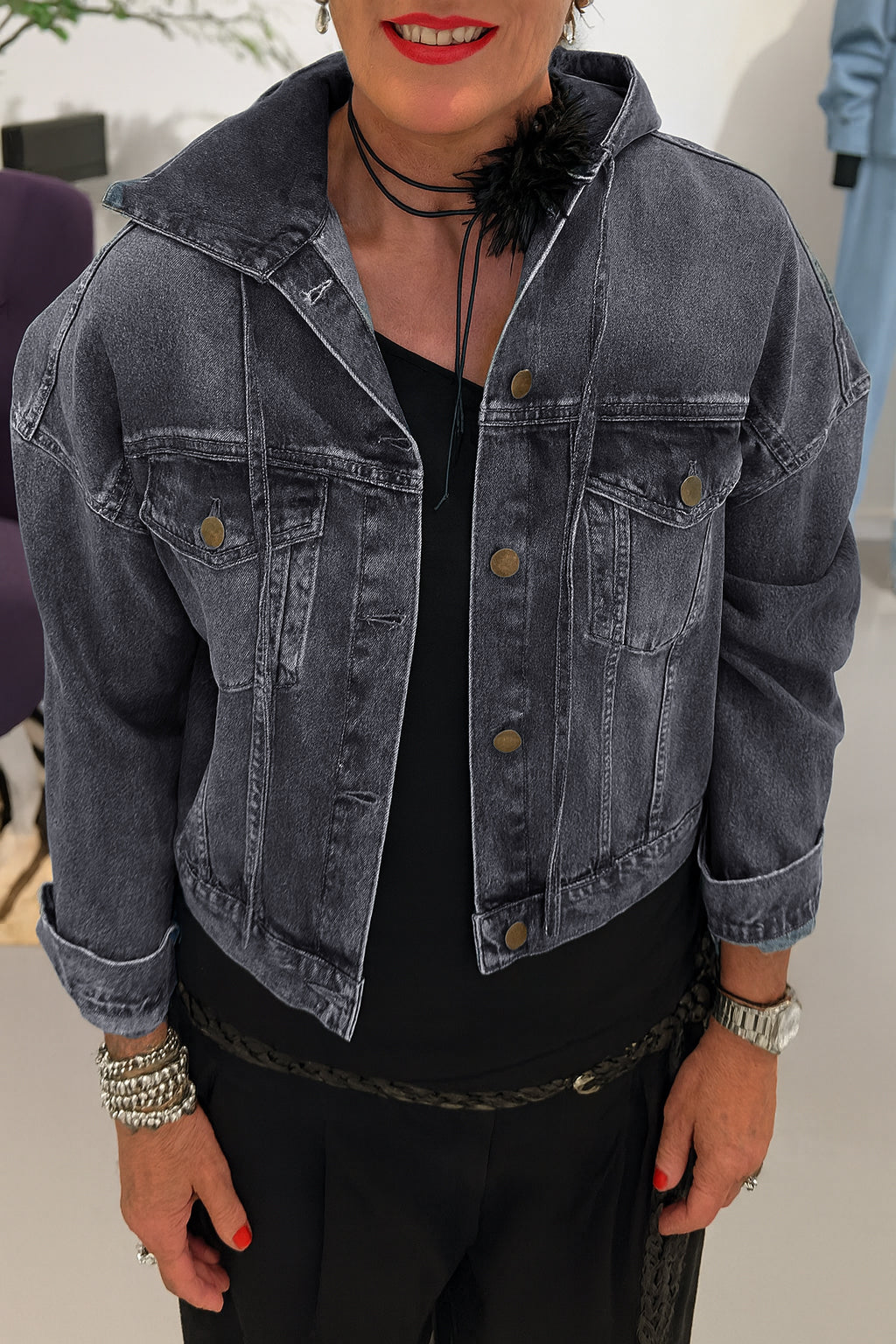 Women Round Neck Hooded Denim Splicing Casual Jacket - Seldom Seen Styles