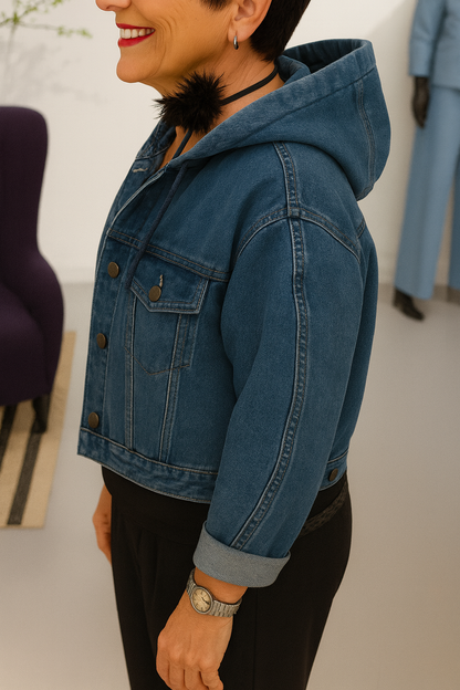 Women Round Neck Hooded Denim Splicing Casual Jacket - Seldom Seen Styles