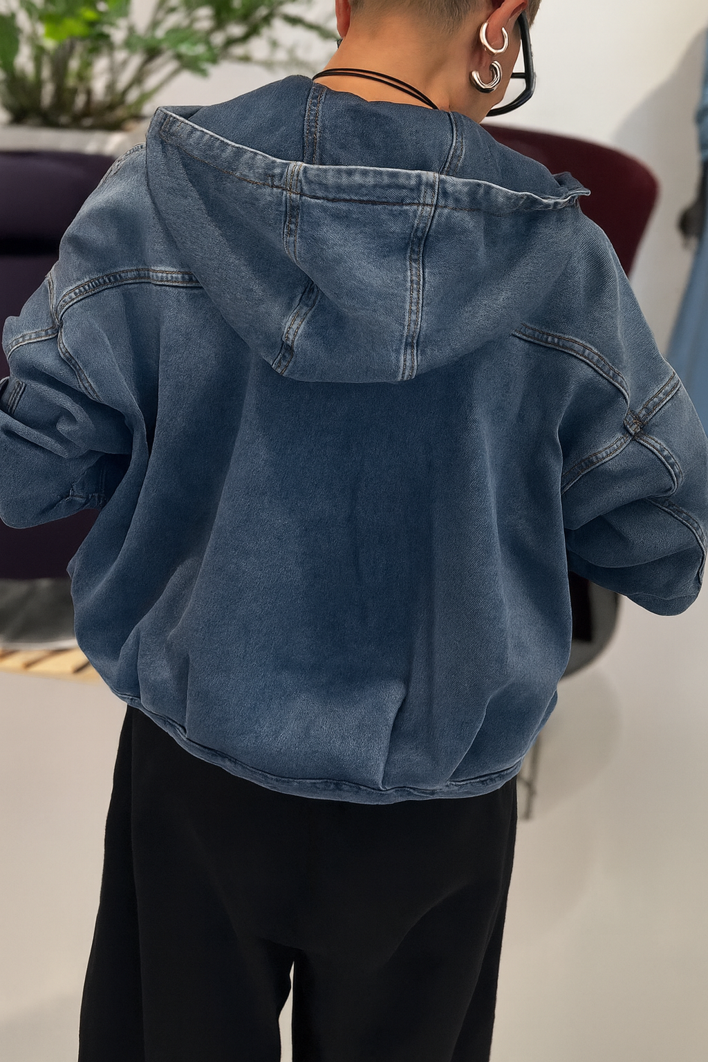 Women Round Neck Hooded Denim Splicing Casual Jacket - Seldom Seen Styles