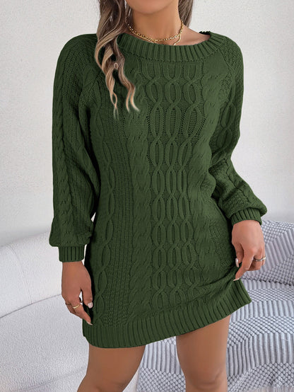Women Round Neck Solid Color Lantern Sleeve Straight Sweater Dress - Seldom Seen Styles