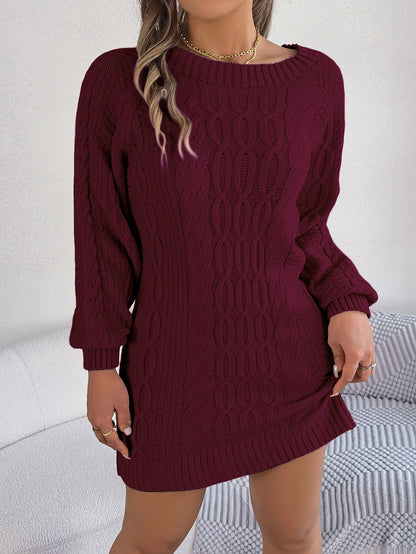 Women Round Neck Solid Color Lantern Sleeve Straight Sweater Dress - Seldom Seen Styles