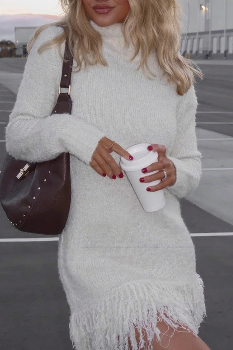 Women Turtleneck Tassel Knitted Sweater Dress - Seldom Seen Styles
