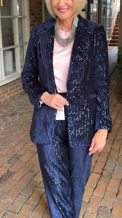 Women Lapel Sequined Jacket + Pants Commuter Temperament Suit - Seldom Seen Styles