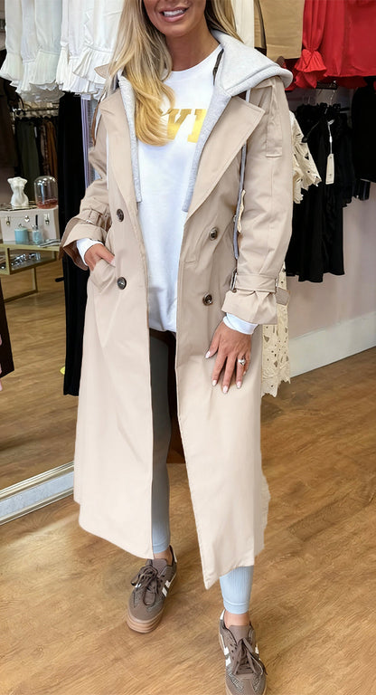 Women's Hooded Lapel Fake Two-piece Casual Long Trench Coat - Seldom Seen Styles