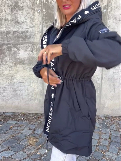 Women Hooded Letter Print Casual Coat - Seldom Seen Styles