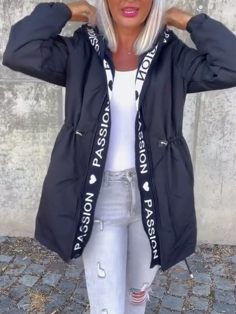 Women Hooded Letter Print Casual Coat - Seldom Seen Styles
