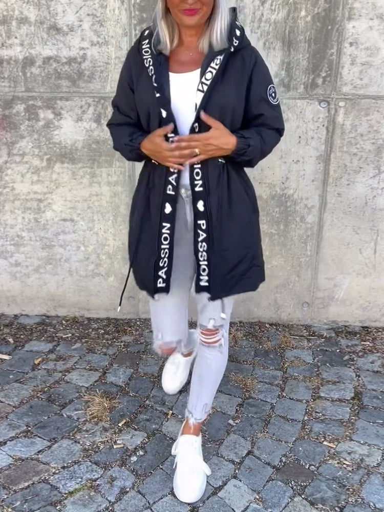 Women Hooded Letter Print Casual Coat - Seldom Seen Styles