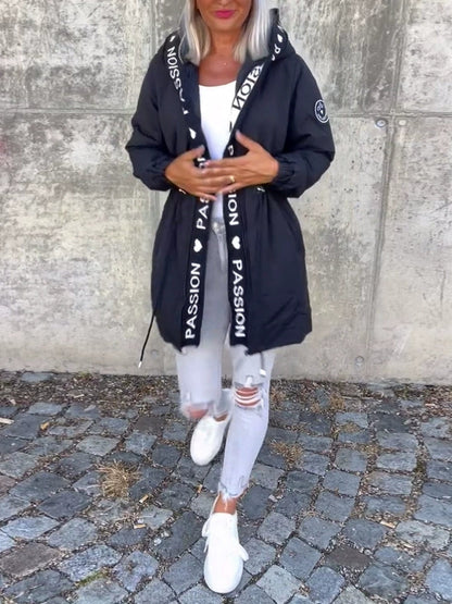 Women Hooded Letter Print Casual Coat - Seldom Seen Styles