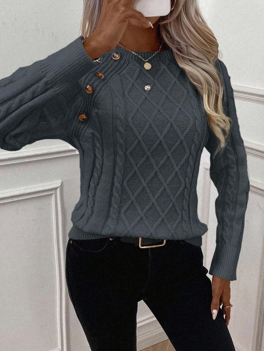 Clara – Button-Detail Cable Knit Sweater - Seldom Seen Styles