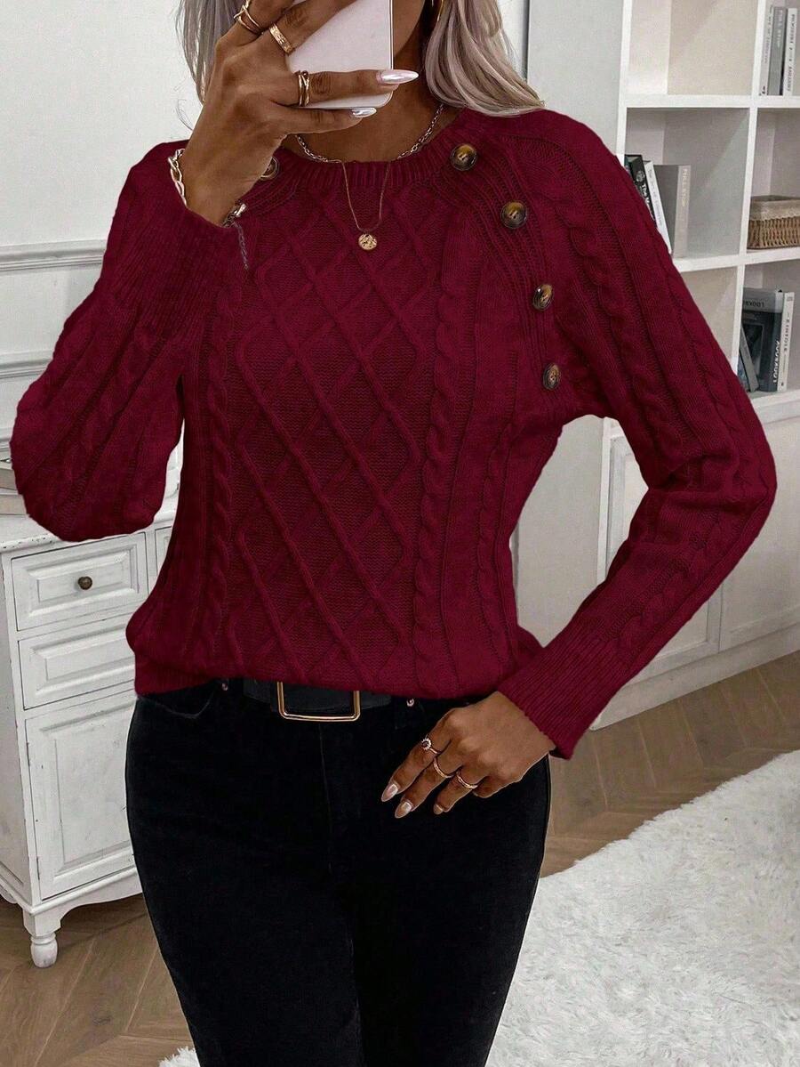 Clara – Button-Detail Cable Knit Sweater - Seldom Seen Styles