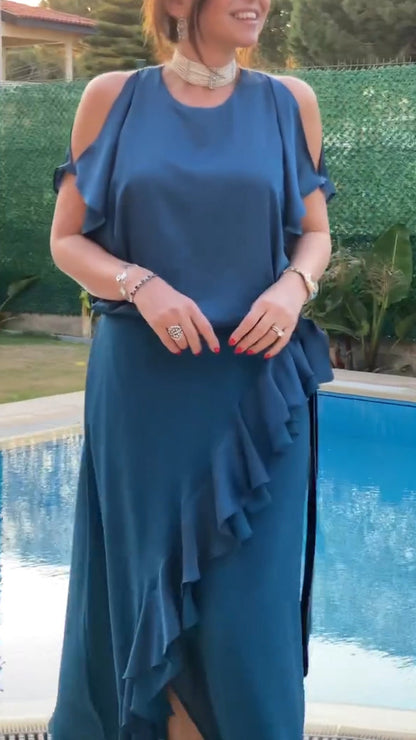 Women Round Neck Hollow Splicing Irregular Elegant Temperament Dress - Seldom Seen Styles