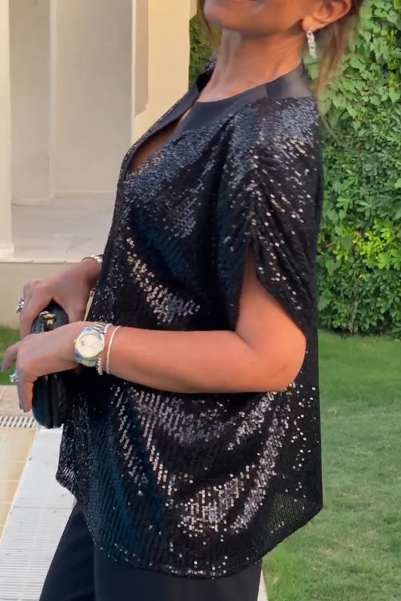 Women Round Neck Sequined Casual Top - Seldom Seen Styles