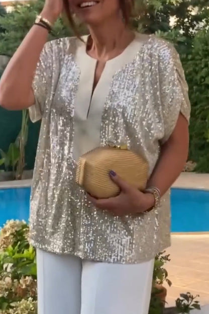 Women Round Neck Sequined Casual Top - Seldom Seen Styles