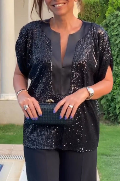 Women Round Neck Sequined Casual Top - Seldom Seen Styles