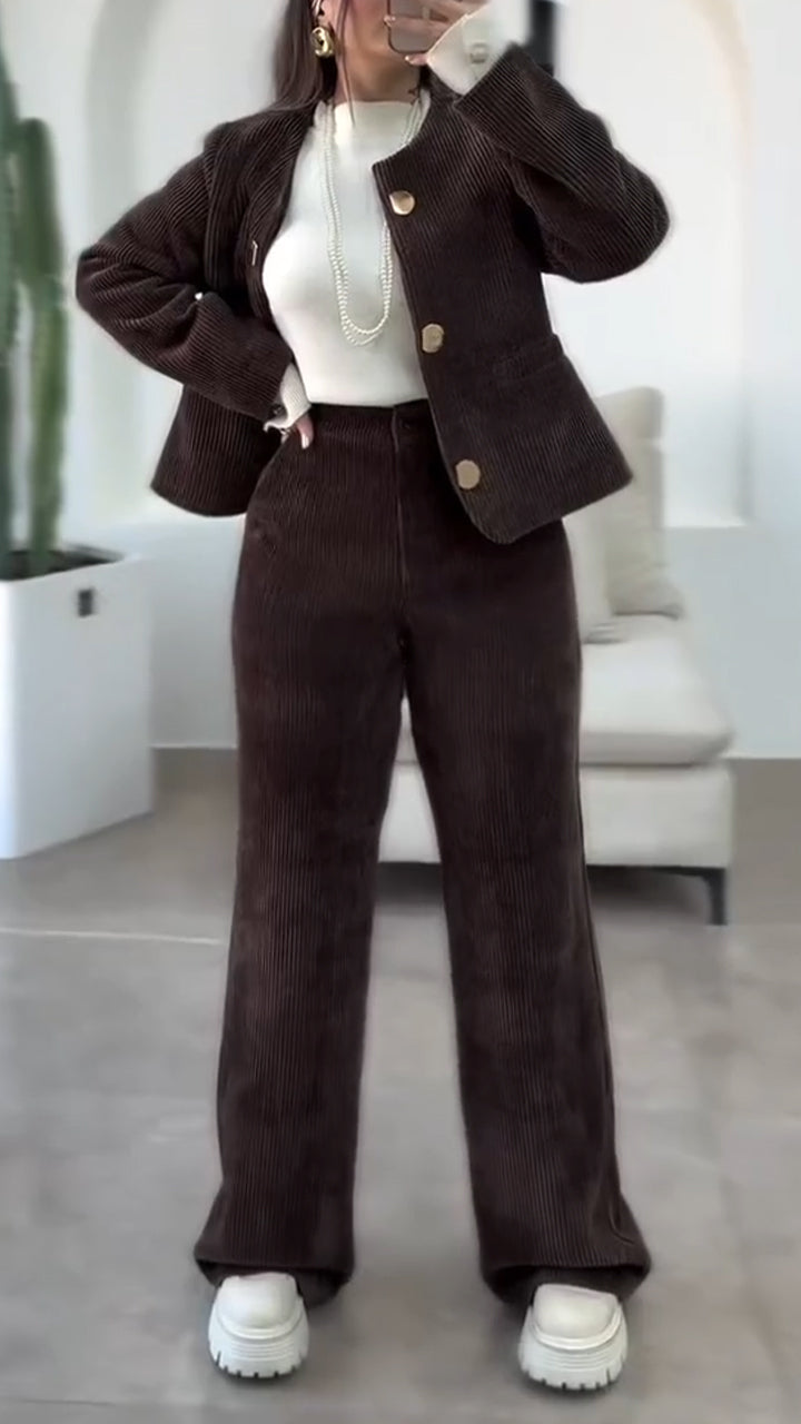 Women Round-neck Button-down Jacket + Pants Casual Suit - Seldom Seen Styles