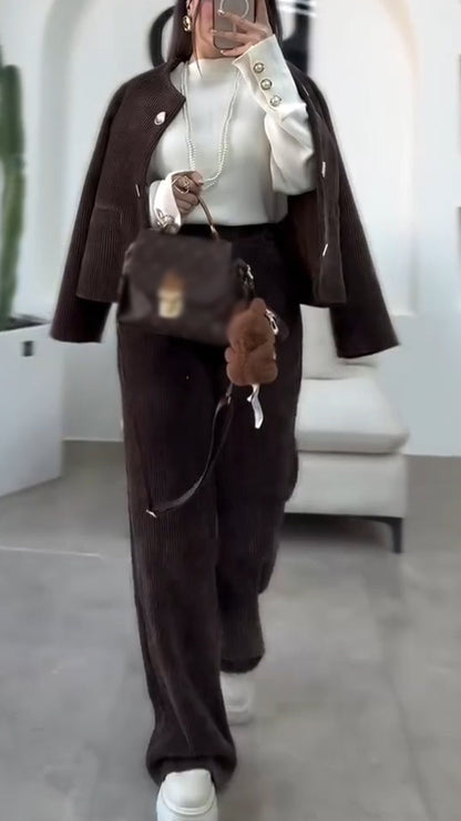 Women Round-neck Button-down Jacket + Pants Casual Suit - Seldom Seen Styles