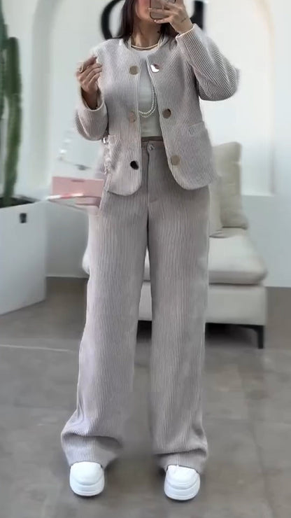 Women Round-neck Button-down Jacket + Pants Casual Suit - Seldom Seen Styles