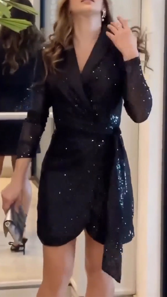 Women Lapel Sequin Elegant Temperament Dress - Seldom Seen Styles