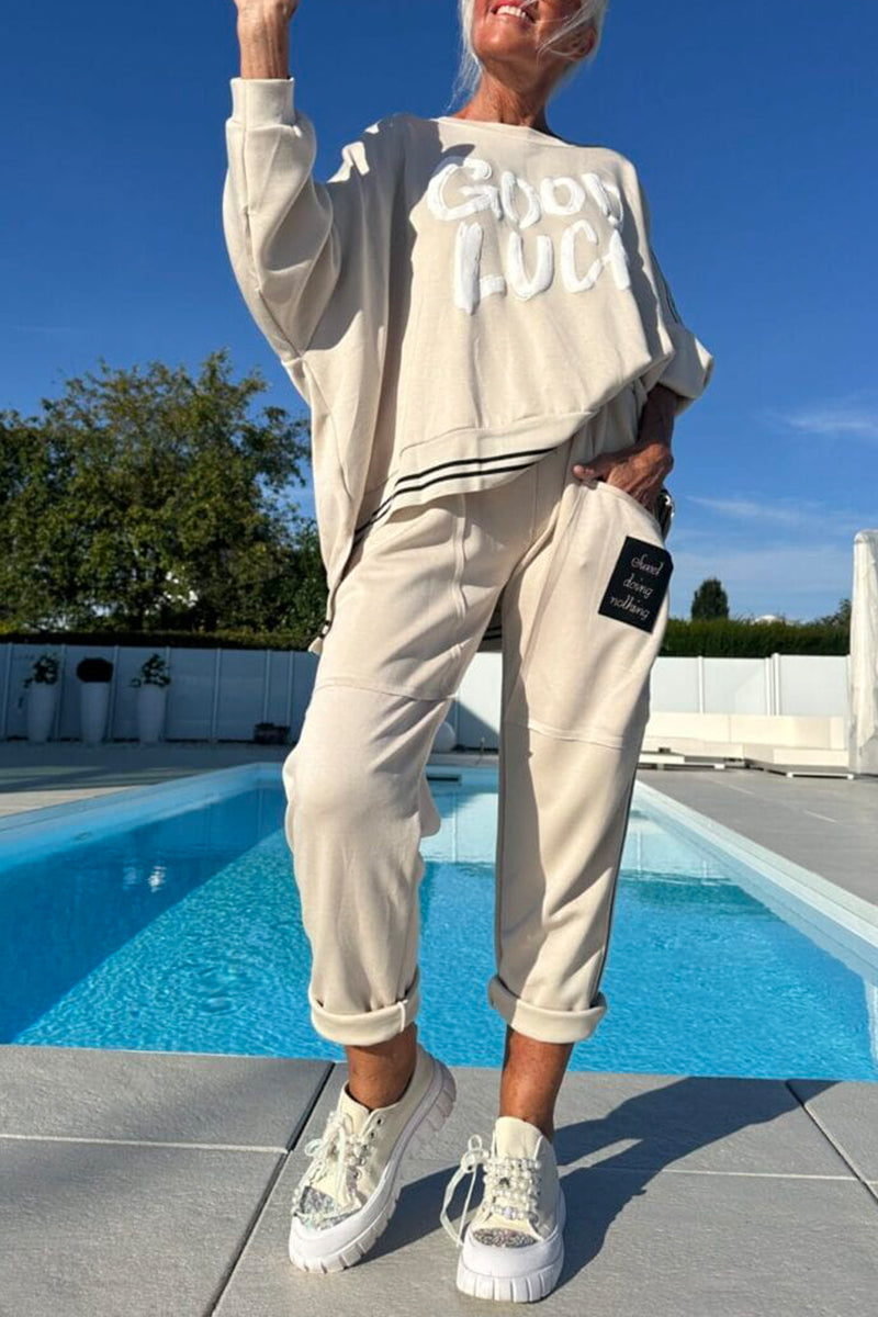 Women Round Neck Printed Letter Top + Pants Casual Suit - Seldom Seen Styles