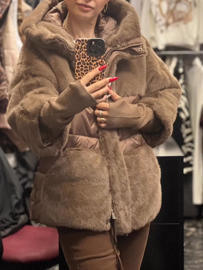 Women Hooded Plush Patchwork Casual Coat - Seldom Seen Styles