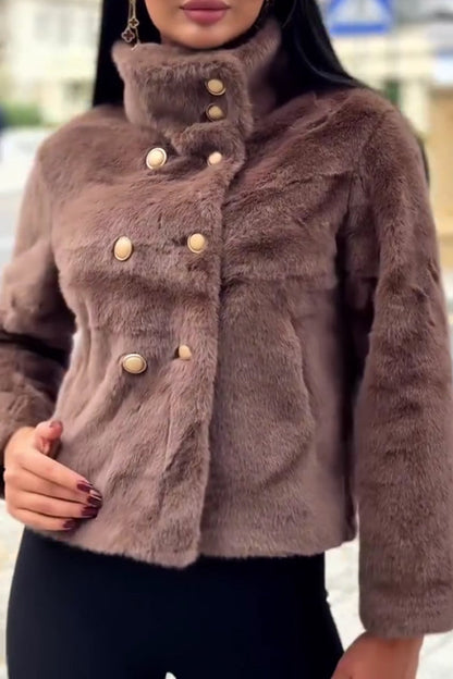 Women Casual Warm Double-Breasted Turtleneck Plush Short Jacket - Seldom Seen Styles