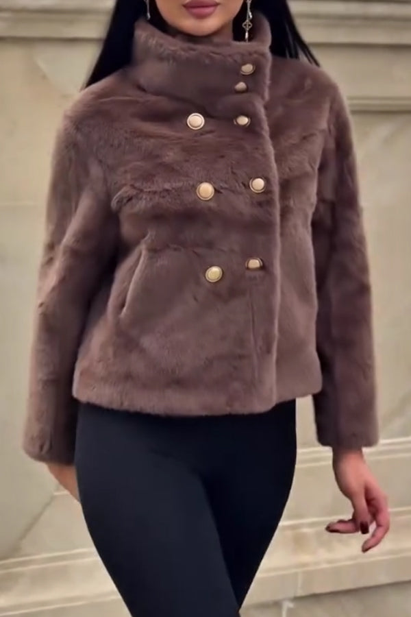 Women Casual Warm Double-Breasted Turtleneck Plush Short Jacket - Seldom Seen Styles