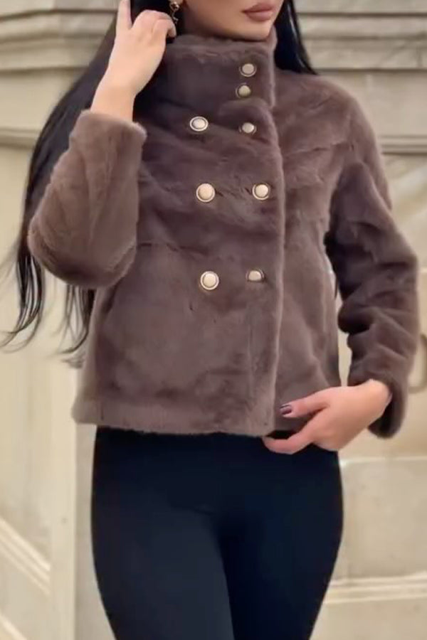 Women Casual Warm Double-Breasted Turtleneck Plush Short Jacket - Seldom Seen Styles