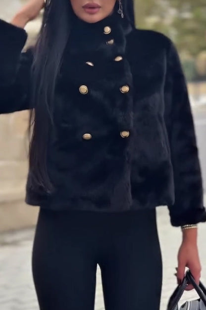 Women Casual Warm Double-Breasted Turtleneck Plush Short Jacket - Seldom Seen Styles