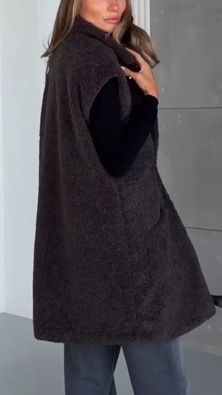 Women Lapel Plush Casual Long Vest - Seldom Seen Styles