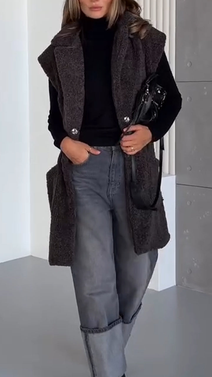 Women Lapel Plush Casual Long Vest - Seldom Seen Styles