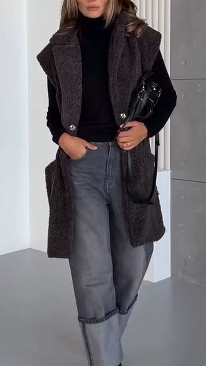 Women Lapel Plush Casual Long Vest - Seldom Seen Styles