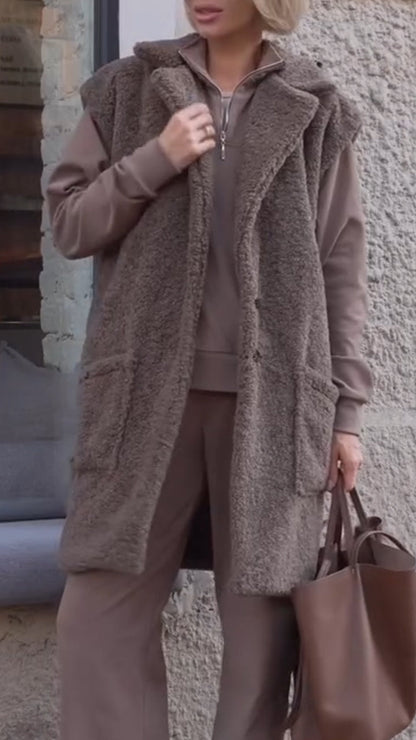 Women Lapel Plush Casual Long Vest - Seldom Seen Styles