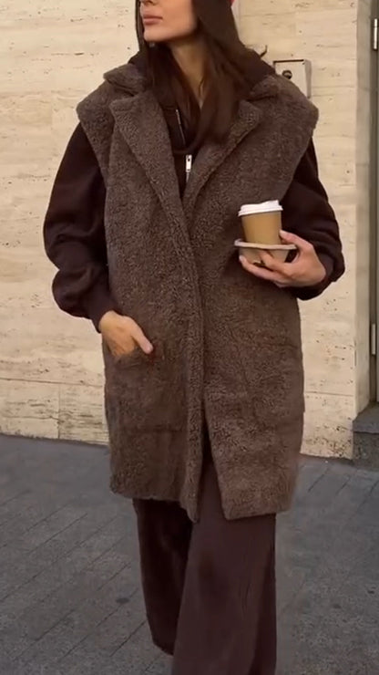 Women Lapel Plush Casual Long Vest - Seldom Seen Styles