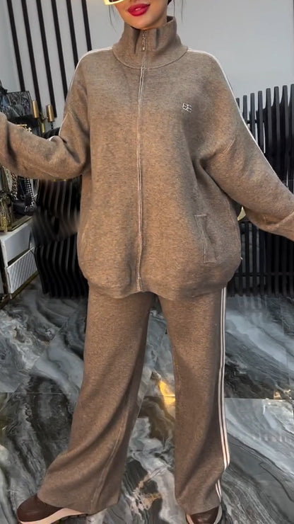 Ladies Standing Collar Vertical Stripe Casual Suit - Seldom Seen Styles