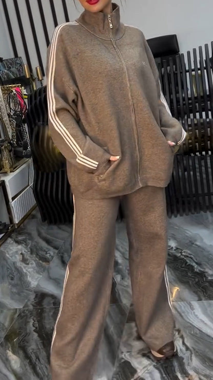 Ladies Standing Collar Vertical Stripe Casual Suit - Seldom Seen Styles