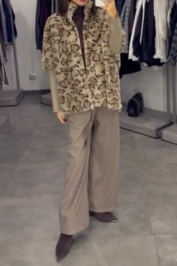 Women Casual Stand Collar Plush Leopard Print Paneled Knit Sleeve Zipper Jacket - Seldom Seen Styles